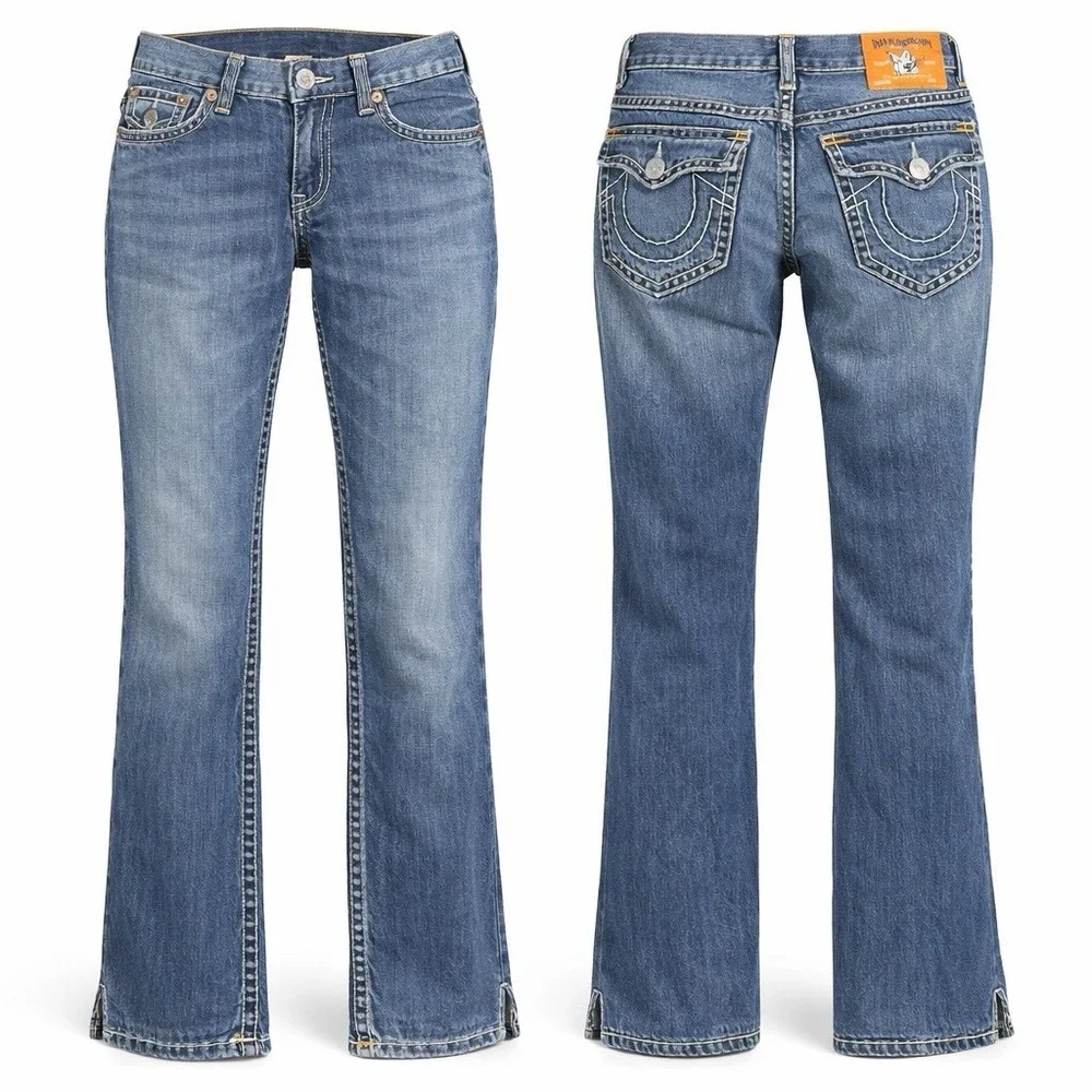 TRUE RELIGION 29 X30 STRAIGHT FLAP SUPER-T ORANGE BACK LOGO PATCH WHISKERING